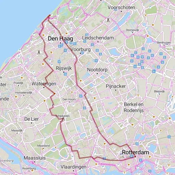 Map miniature of "Hills and Valleys Gravel Challenge" cycling inspiration in Zuid-Holland, Netherlands. Generated by Tarmacs.app cycling route planner