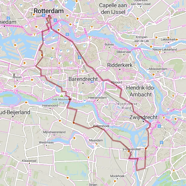 Map miniature of "River Crossings Gravel Route" cycling inspiration in Zuid-Holland, Netherlands. Generated by Tarmacs.app cycling route planner