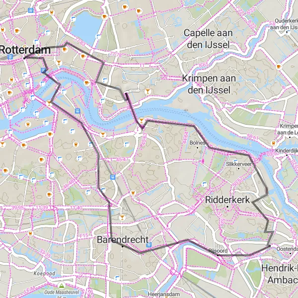 Map miniature of "Ride Along the River Maas" cycling inspiration in Zuid-Holland, Netherlands. Generated by Tarmacs.app cycling route planner