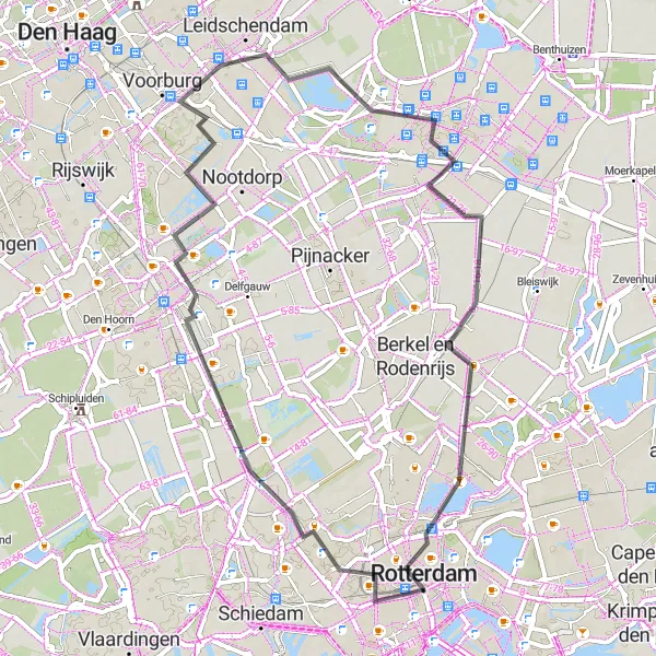 Map miniature of "Delft and Beyond" cycling inspiration in Zuid-Holland, Netherlands. Generated by Tarmacs.app cycling route planner