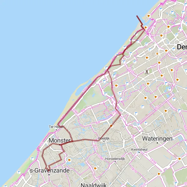 Map miniature of "Gravel Exploration: Coastal Pathways" cycling inspiration in Zuid-Holland, Netherlands. Generated by Tarmacs.app cycling route planner
