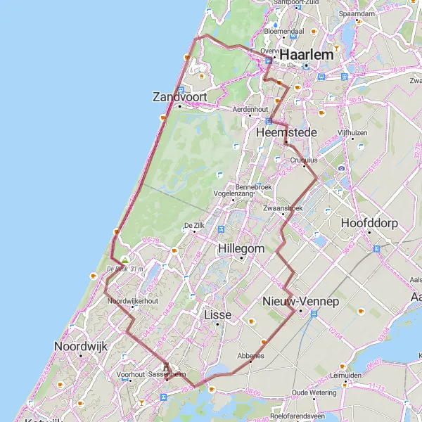 Map miniature of "Dunes and Forests" cycling inspiration in Zuid-Holland, Netherlands. Generated by Tarmacs.app cycling route planner