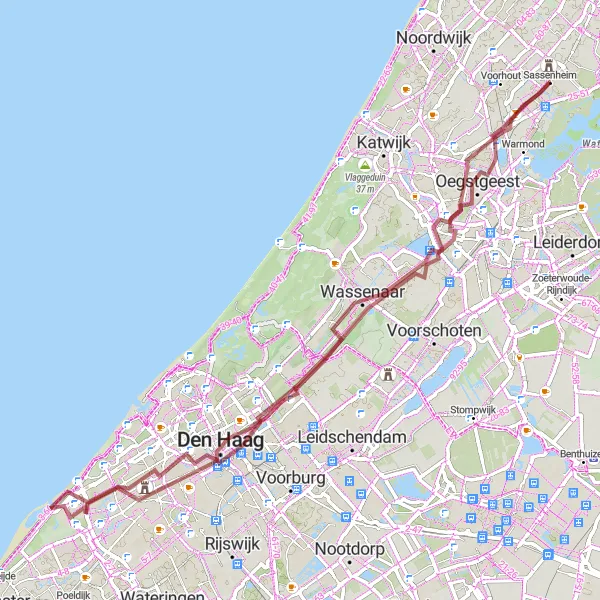 Miniatuurkaart van de fietsinspiratie "Historische Steden en Kustlijnroute" in Zuid-Holland, Netherlands. Gemaakt door de Tarmacs.app fietsrouteplanner