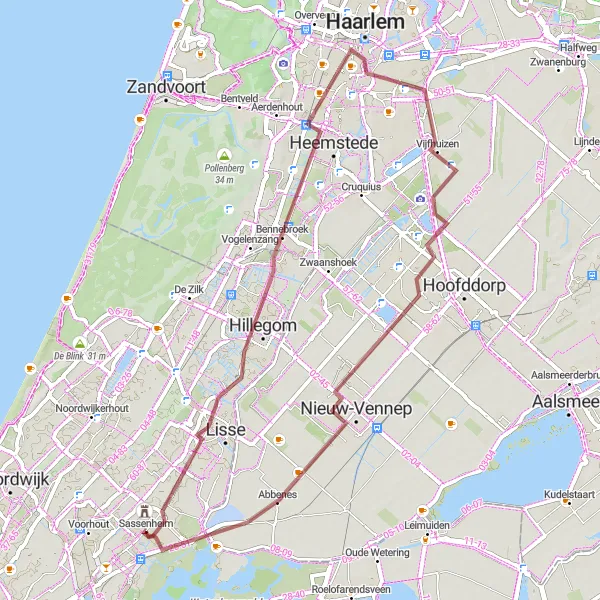 Miniatuurkaart van de fietsinspiratie "Gravelavontuur rond Sassenheim" in Zuid-Holland, Netherlands. Gemaakt door de Tarmacs.app fietsrouteplanner
