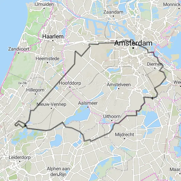 Miniatuurkaart van de fietsinspiratie "Uitdagende wegtocht door Zuid-Holland en Amsterdam" in Zuid-Holland, Netherlands. Gemaakt door de Tarmacs.app fietsrouteplanner