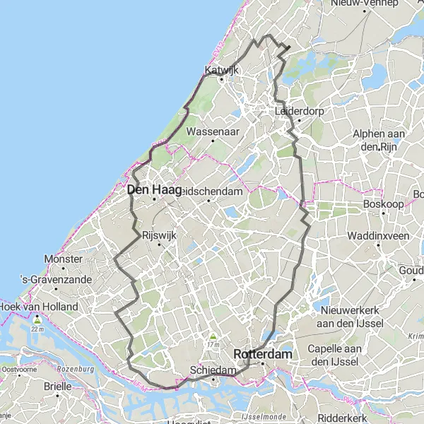 Miniatuurkaart van de fietsinspiratie "Historische Molens en Duinenroute" in Zuid-Holland, Netherlands. Gemaakt door de Tarmacs.app fietsrouteplanner