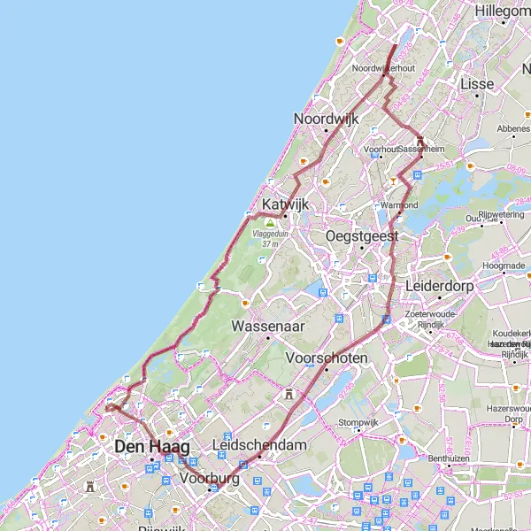 Map miniature of "Scenic Gravel Tour: The Hague to Leiden via Noordwijkerhout" cycling inspiration in Zuid-Holland, Netherlands. Generated by Tarmacs.app cycling route planner