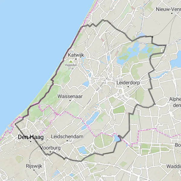 Map miniature of "Scheveningen to The Hague via Noordwijk" cycling inspiration in Zuid-Holland, Netherlands. Generated by Tarmacs.app cycling route planner