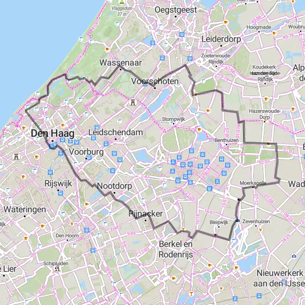 Map miniature of "Scheveningen to Wassenaar via Zoeterwoude-Dorp" cycling inspiration in Zuid-Holland, Netherlands. Generated by Tarmacs.app cycling route planner
