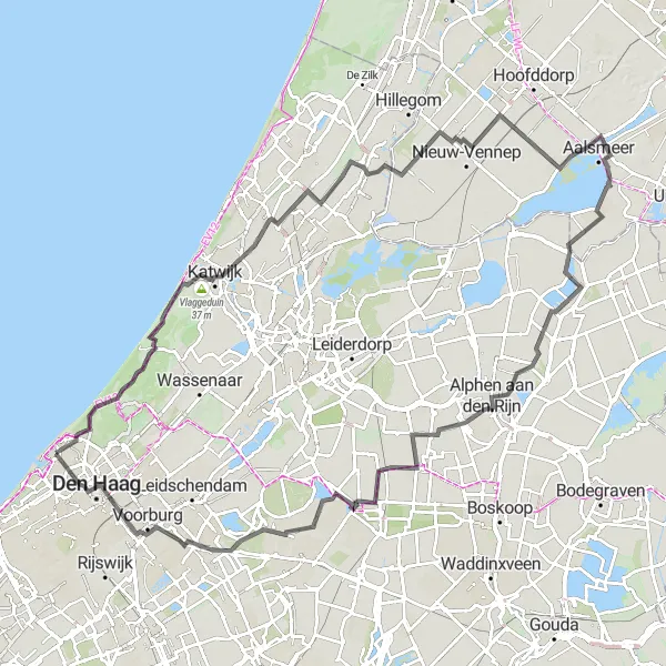 Map miniature of "Scheveningen to Alphen aan den Rijn via Lisse" cycling inspiration in Zuid-Holland, Netherlands. Generated by Tarmacs.app cycling route planner