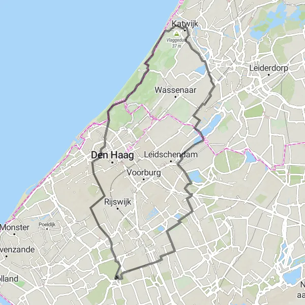 Miniatuurkaart van de fietsinspiratie "Wegtocht naar Katwijk en Delfgauw" in Zuid-Holland, Netherlands. Gemaakt door de Tarmacs.app fietsrouteplanner