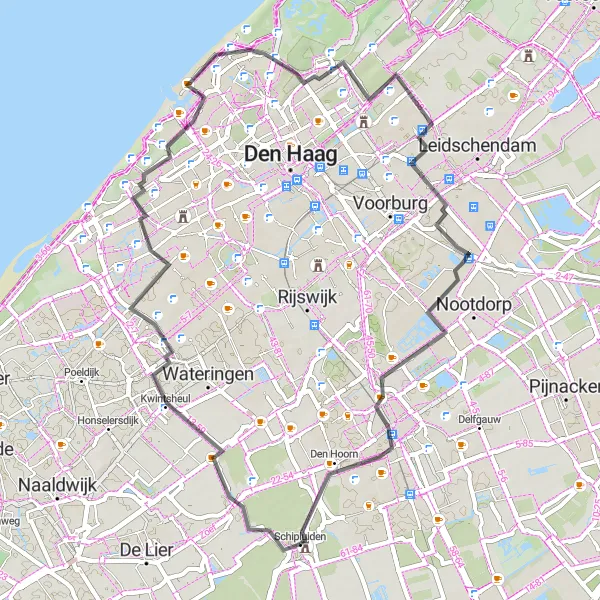 Map miniature of "The Coastal Road Adventure" cycling inspiration in Zuid-Holland, Netherlands. Generated by Tarmacs.app cycling route planner