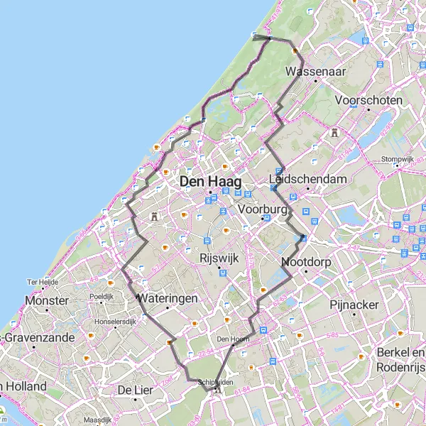 Miniatuurkaart van de fietsinspiratie "Wegfietsen door Scheveningen en Aqua Shute" in Zuid-Holland, Netherlands. Gemaakt door de Tarmacs.app fietsrouteplanner