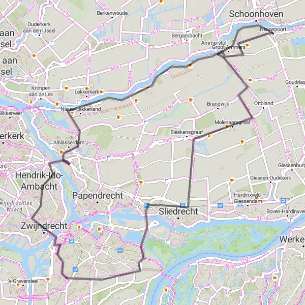 Map miniature of "Molenaarsgraaf and Ammerstol Cycling Route" cycling inspiration in Zuid-Holland, Netherlands. Generated by Tarmacs.app cycling route planner
