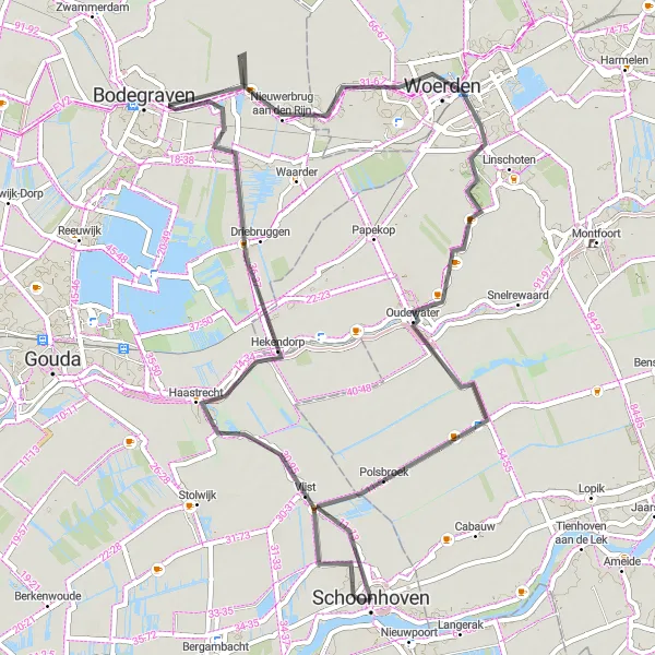 Map miniature of "Hekendorp and Oudewater Cycling Route" cycling inspiration in Zuid-Holland, Netherlands. Generated by Tarmacs.app cycling route planner