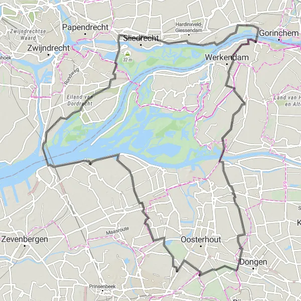 Map miniature of "The Dordrecht and Biesbosch Loop" cycling inspiration in Zuid-Holland, Netherlands. Generated by Tarmacs.app cycling route planner