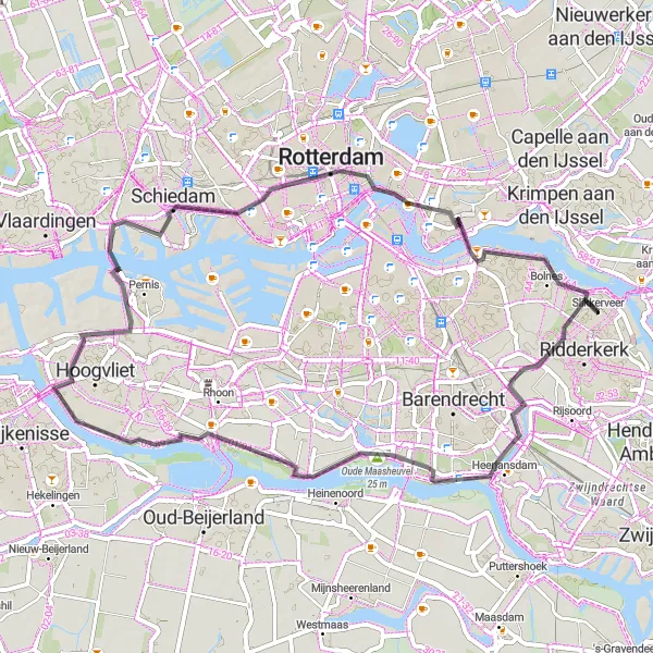 Map miniature of "Discovering Rotterdam's Hinterland" cycling inspiration in Zuid-Holland, Netherlands. Generated by Tarmacs.app cycling route planner