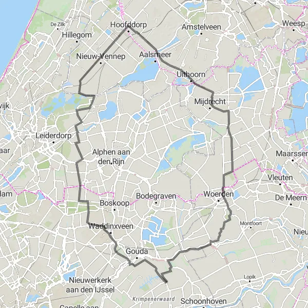Miniatuurkaart van de fietsinspiratie "Rivieren en polders in de Randstad" in Zuid-Holland, Netherlands. Gemaakt door de Tarmacs.app fietsrouteplanner