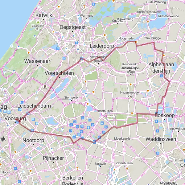 Miniatuurkaart van de fietsinspiratie "Gravelroute door Voorschoten en Kruisweg" in Zuid-Holland, Netherlands. Gemaakt door de Tarmacs.app fietsrouteplanner