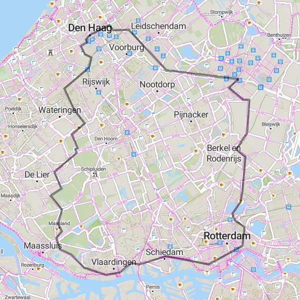 Miniatuurkaart van de fietsinspiratie "Rondje Den Haag en omgeving" in Zuid-Holland, Netherlands. Gemaakt door de Tarmacs.app fietsrouteplanner