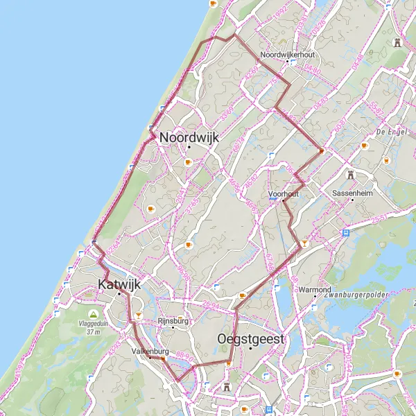 Map miniature of "Gravel Route to Oegstgeest" cycling inspiration in Zuid-Holland, Netherlands. Generated by Tarmacs.app cycling route planner