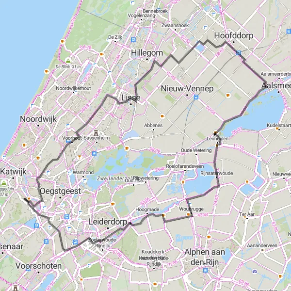 Miniatuurkaart van de fietsinspiratie "Valkenburg - Lasergame Katwijk Route" in Zuid-Holland, Netherlands. Gemaakt door de Tarmacs.app fietsrouteplanner