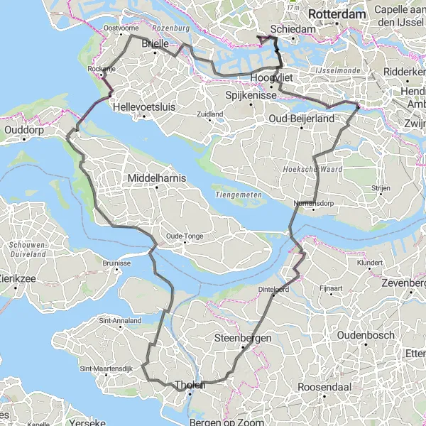 Map miniature of "Hoeksche Waard and Beyond" cycling inspiration in Zuid-Holland, Netherlands. Generated by Tarmacs.app cycling route planner