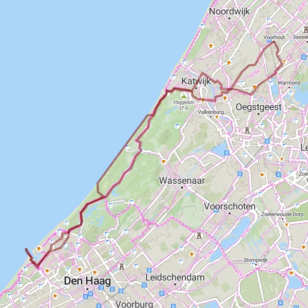 Map miniature of "Along the Coastline and Dunes" cycling inspiration in Zuid-Holland, Netherlands. Generated by Tarmacs.app cycling route planner