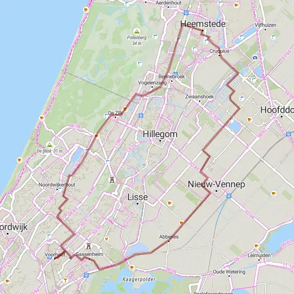 Miniatuurkaart van de fietsinspiratie "Gravelavontuur rond Voorhout en Sassenheim" in Zuid-Holland, Netherlands. Gemaakt door de Tarmacs.app fietsrouteplanner