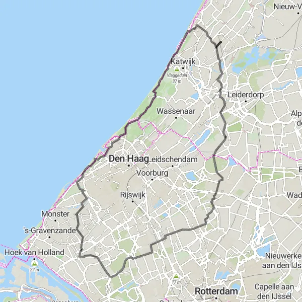 Map miniature of "Zoetermeer and Noordwijk Road Cycling Route" cycling inspiration in Zuid-Holland, Netherlands. Generated by Tarmacs.app cycling route planner