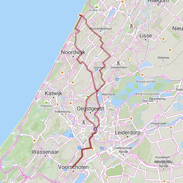 Miniatuurkaart van de fietsinspiratie "Gravelroute door de Bloembollenstreek" in Zuid-Holland, Netherlands. Gemaakt door de Tarmacs.app fietsrouteplanner