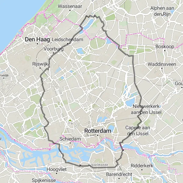 Map miniature of "Challenging Road Route with Captivating Highlights" cycling inspiration in Zuid-Holland, Netherlands. Generated by Tarmacs.app cycling route planner