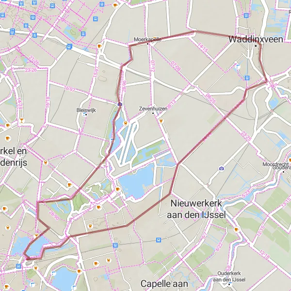 Map miniature of "Waddinxveen and Beyond" cycling inspiration in Zuid-Holland, Netherlands. Generated by Tarmacs.app cycling route planner