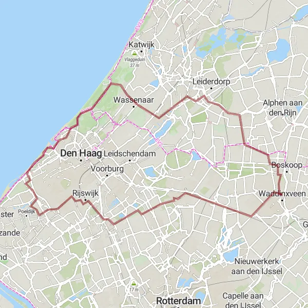 Map miniature of "Waddinxveen to The Hague and back" cycling inspiration in Zuid-Holland, Netherlands. Generated by Tarmacs.app cycling route planner