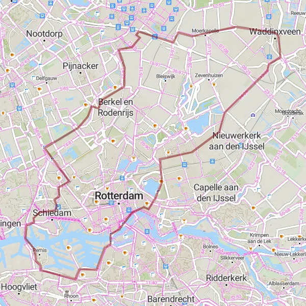 Map miniature of "Waddinxveen to Schiedam and back" cycling inspiration in Zuid-Holland, Netherlands. Generated by Tarmacs.app cycling route planner