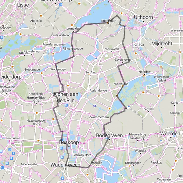 Map miniature of "Bodegraven Exploration" cycling inspiration in Zuid-Holland, Netherlands. Generated by Tarmacs.app cycling route planner