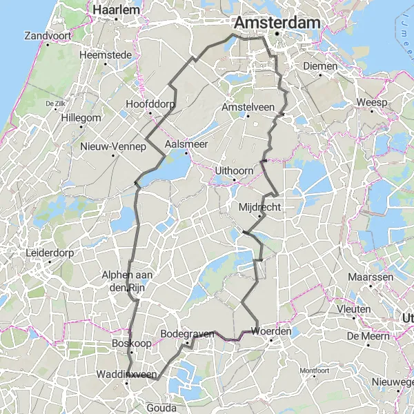 Map miniature of "Amstel River Loop" cycling inspiration in Zuid-Holland, Netherlands. Generated by Tarmacs.app cycling route planner