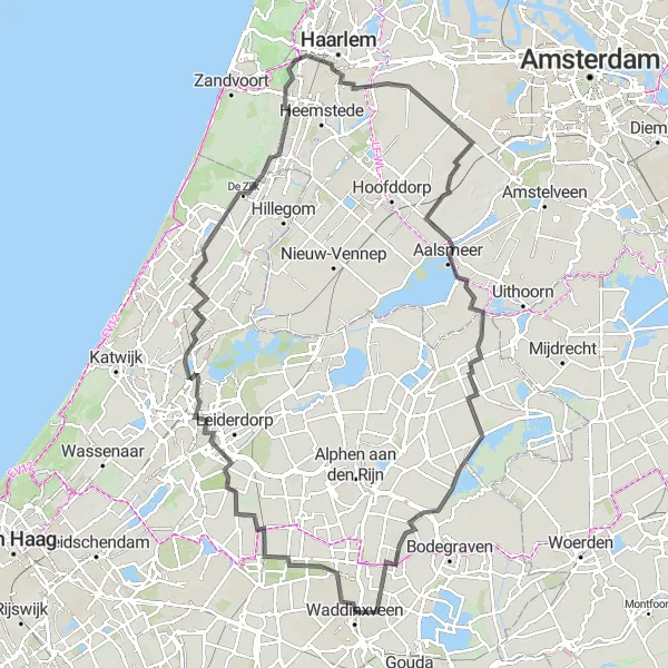 Map miniature of "Waddinxveen to Reeuwijk-Dorp and back" cycling inspiration in Zuid-Holland, Netherlands. Generated by Tarmacs.app cycling route planner