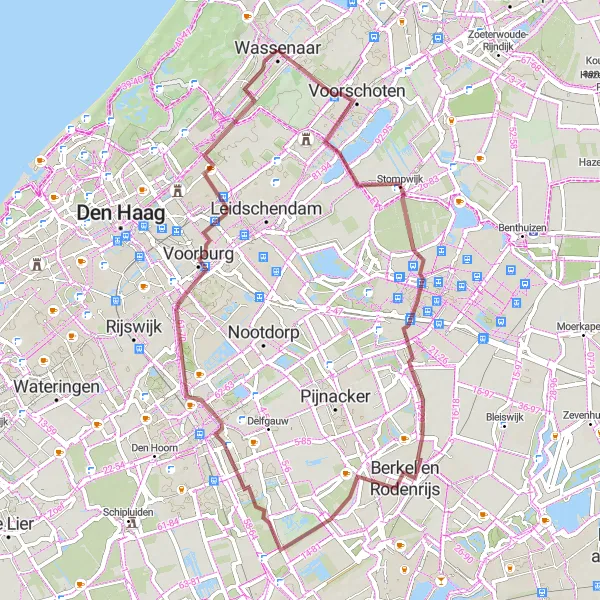 Map miniature of "Wassenaar Gravel Adventure" cycling inspiration in Zuid-Holland, Netherlands. Generated by Tarmacs.app cycling route planner