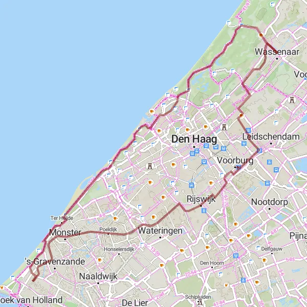 Map miniature of "Gravel Tour - Wassenaar to Bunkers Rijksdorp" cycling inspiration in Zuid-Holland, Netherlands. Generated by Tarmacs.app cycling route planner