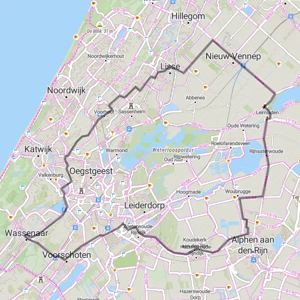 Map miniature of "The Road Adventure" cycling inspiration in Zuid-Holland, Netherlands. Generated by Tarmacs.app cycling route planner