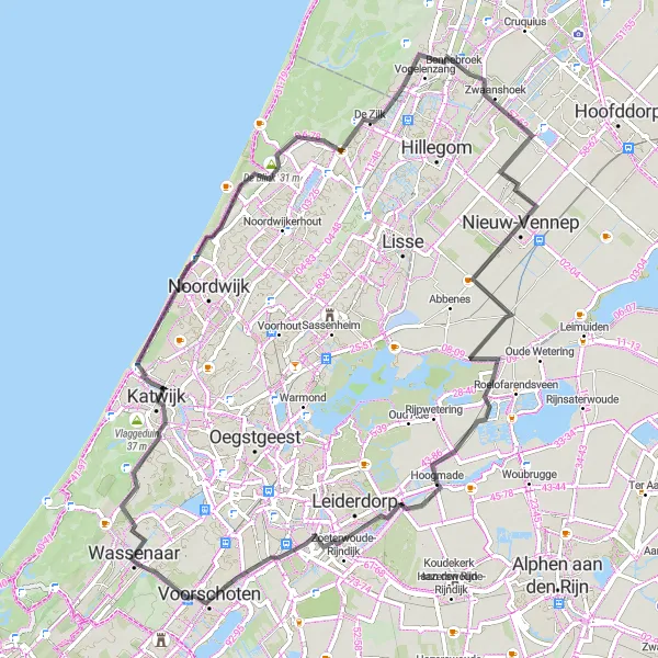 Map miniature of "Wassenaar to Seringenberg" cycling inspiration in Zuid-Holland, Netherlands. Generated by Tarmacs.app cycling route planner