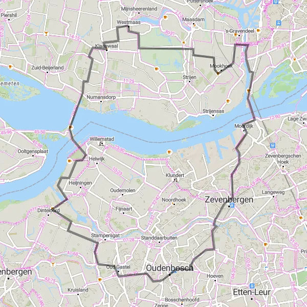 Miniatuurkaart van de fietsinspiratie "Westmaas - 's-Gravendeel - Zevenbergen - Molenberg - Oudenbosch" in Zuid-Holland, Netherlands. Gemaakt door de Tarmacs.app fietsrouteplanner
