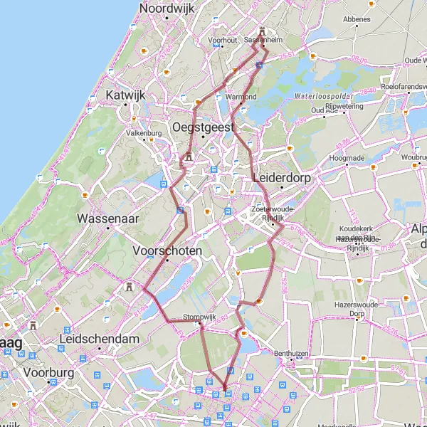 Miniatuurkaart van de fietsinspiratie "Gravelpad door Stompwijk en Sassenheim" in Zuid-Holland, Netherlands. Gemaakt door de Tarmacs.app fietsrouteplanner