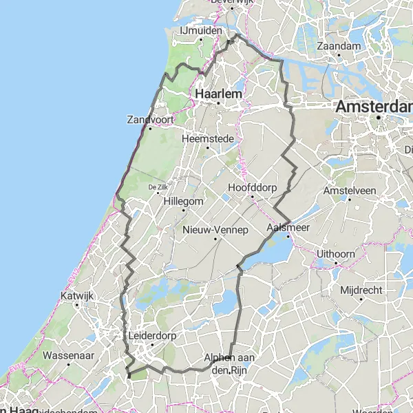 Map miniature of "Zoeterwoude-Dorp to Aalsmeerderbrug: Natural Splendor and Artwork" cycling inspiration in Zuid-Holland, Netherlands. Generated by Tarmacs.app cycling route planner