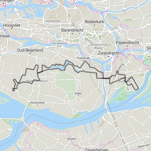 Miniatuurkaart van de fietsinspiratie "Rivierlandschap van Dordrecht" in Zuid-Holland, Netherlands. Gemaakt door de Tarmacs.app fietsrouteplanner
