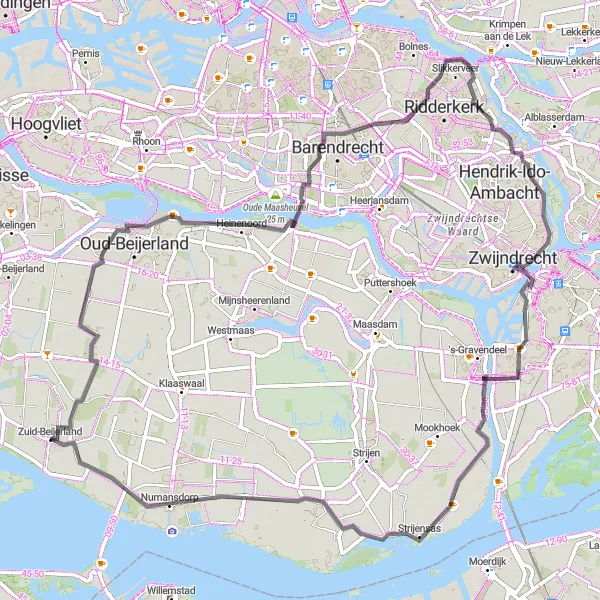Map miniature of "The Polders and Rivers Route" cycling inspiration in Zuid-Holland, Netherlands. Generated by Tarmacs.app cycling route planner