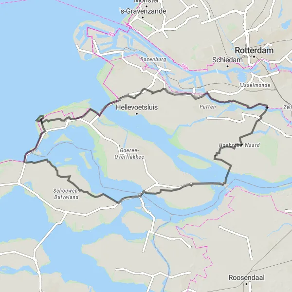 Map miniature of "Cultural Gems of Goeree-Overflakkee" cycling inspiration in Zuid-Holland, Netherlands. Generated by Tarmacs.app cycling route planner
