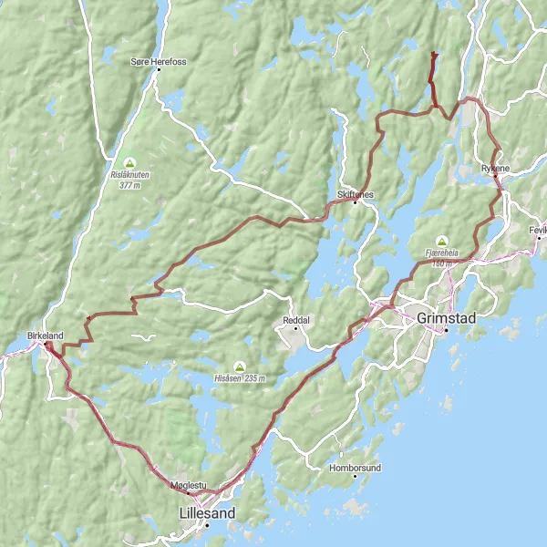Map miniature of "Rural Escape: Rykene Gravel Adventure" cycling inspiration in Agder og Sør-Østlandet, Norway. Generated by Tarmacs.app cycling route planner