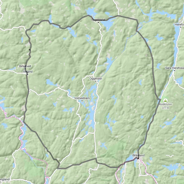 Kartminiatyr av "Øvre Engesland og Birketveit Rundtur" sykkelinspirasjon i Agder og Sør-Østlandet, Norway. Generert av Tarmacs.app sykkelrutoplanlegger